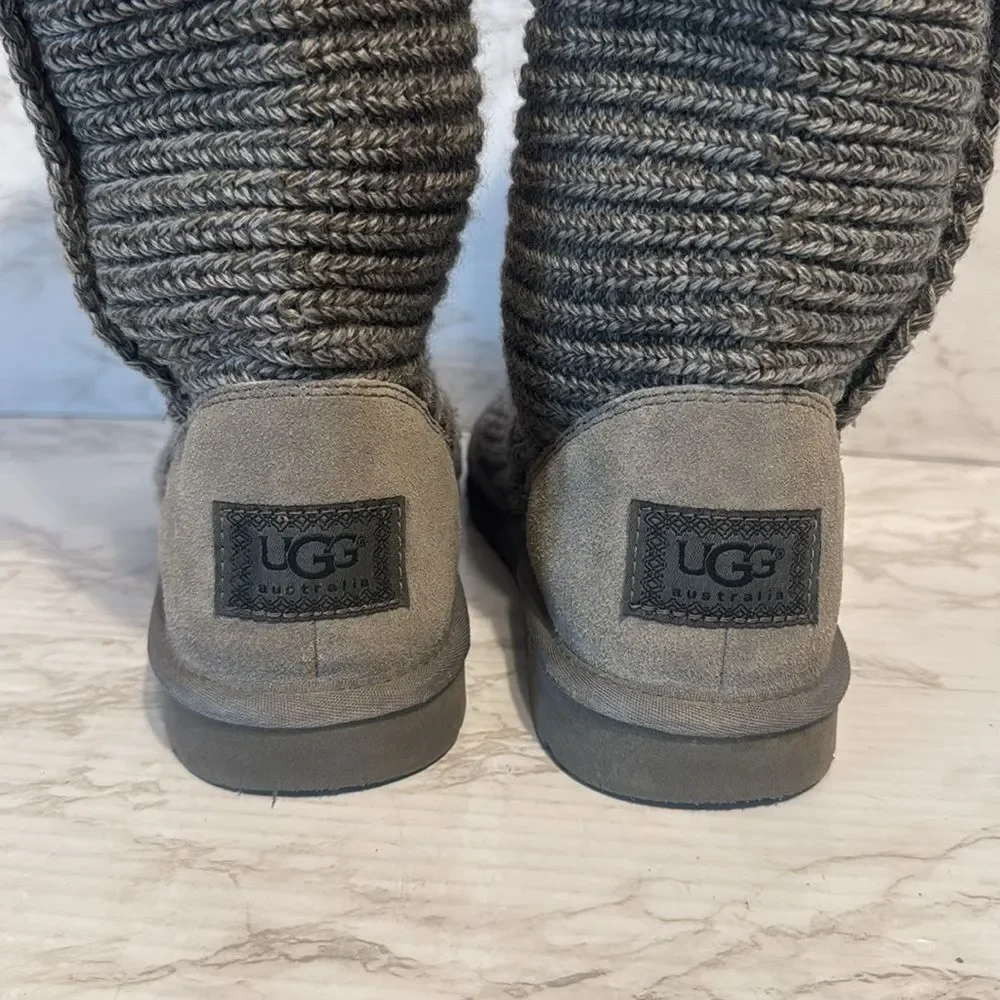 UGG Cardy 5649 Gray Sock Knit Tall Button Slipper Winter Boots Womens 6